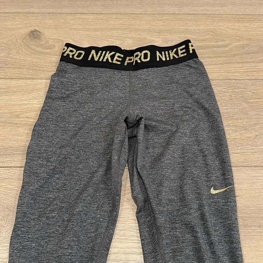 NIKE PRO Gray Warm Dri-Fit Mid Rise Gold Glitter Active‎ Yoga Leggings Size XS